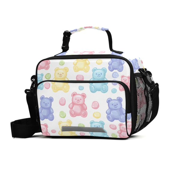 FORMRS Student Insulated Lunch Bag with Shoulder Strap Reusable Cooler Box for School, Colorful Gummy Bears Pattern