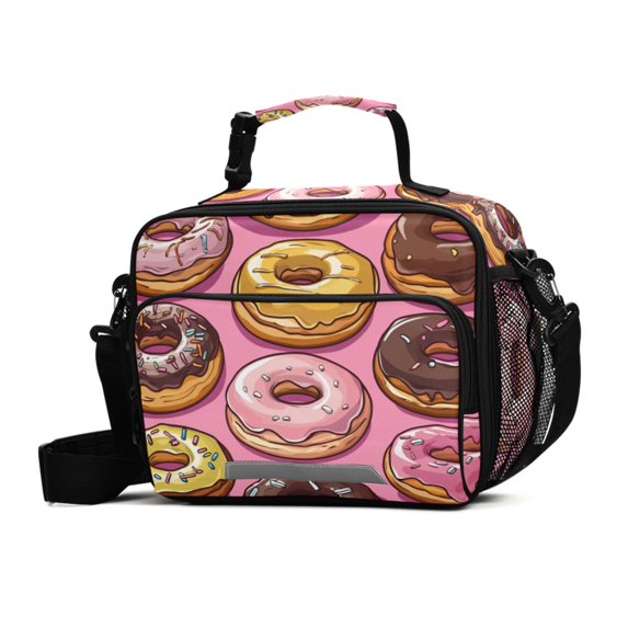 FORMRS Student Insulated Lunch Bag with Shoulder Strap Reusable Cooler Box for School, Cute Doughnuts Pattern