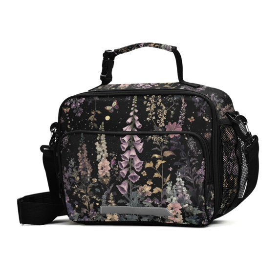 FORMRS Student Insulated Lunch Bag with Shoulder Strap Reusable Cooler Box for School, Dark Flowers Pattern