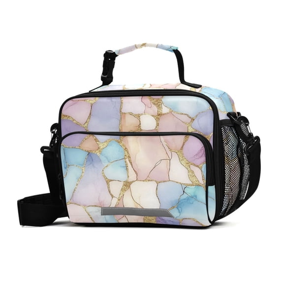 FORMRS Student Insulated Lunch Bag with Shoulder Strap Reusable Cooler Box for School, Elegant Marble Pattern