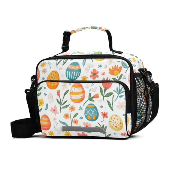 FORMRS Student Insulated Lunch Bag with Shoulder Strap Reusable Cooler Box for School, Floral Easter Eggs