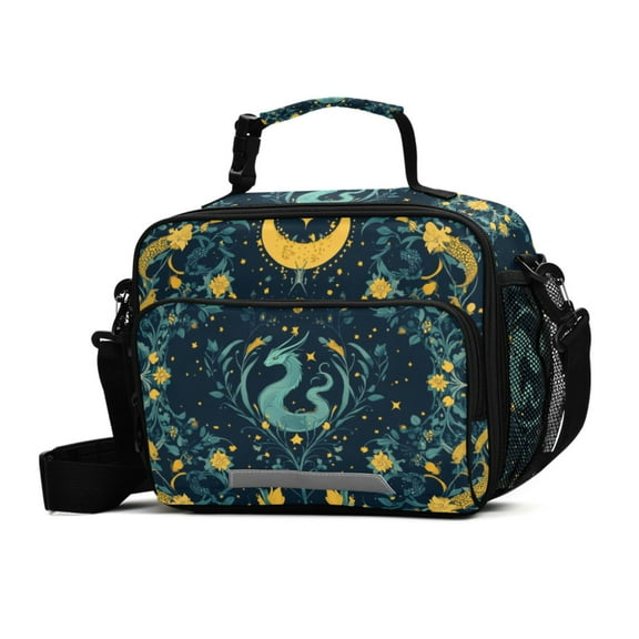 FORMRS Student Lunch Bag Insulated Reusable Cooler Box with Zipper Pockets, Green Dragon Flowers