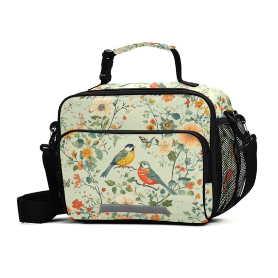FORMRS Student Lunch Bag Insulated Reusable Cooler Box with Zipper Pockets, Green Floral Pattern