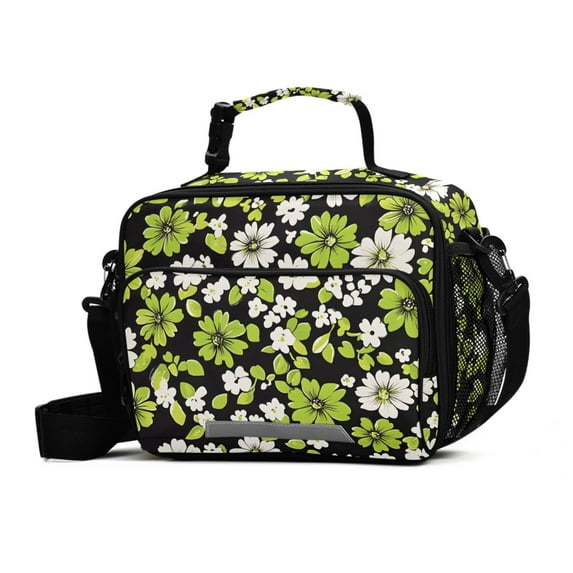 FORMRS Student Insulated Lunch Bag with Shoulder Strap Reusable Cooler Box for School, Green Flower Pattern