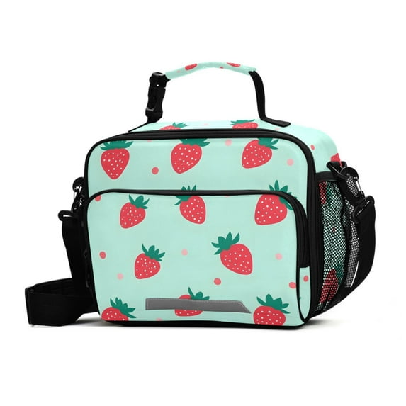 FORMRS Student Lunch Bag Insulated Reusable Cooler Box with Zipper Pockets, Green Strawberry