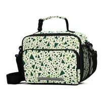 FORMRS Student Lunch Bag Insulated Reusable Cooler Box with Zipper Pockets, Green Triangles Pattern