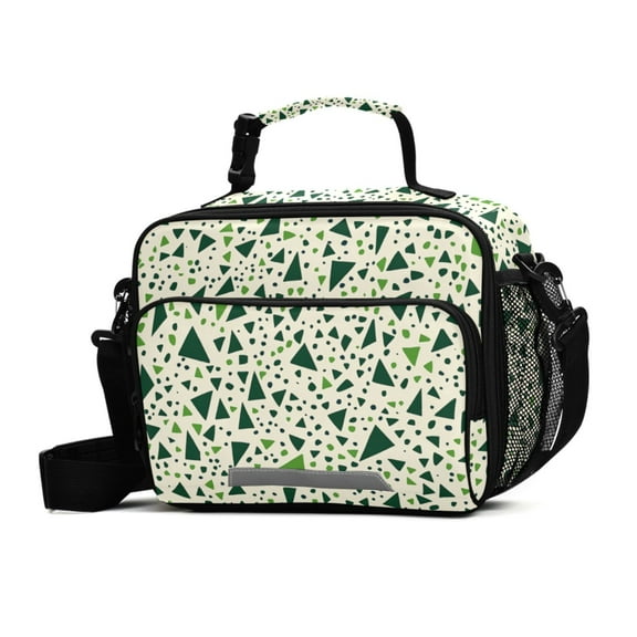 FORMRS Student Lunch Bag Insulated Reusable Cooler Box with Zipper Pockets, Green Triangles Pattern