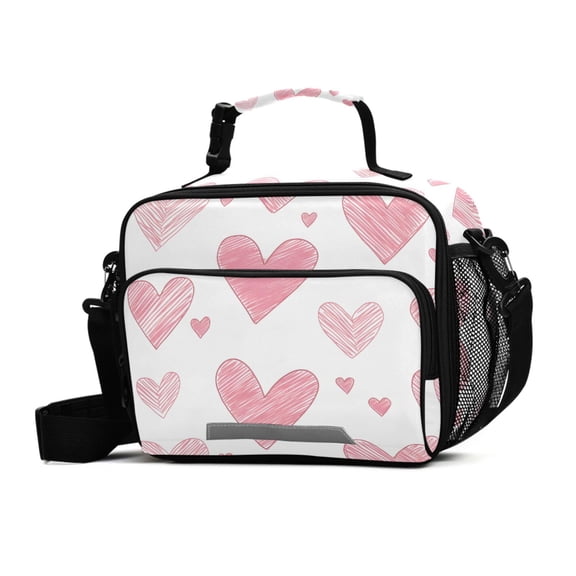 FORMRS Student Insulated Lunch Bag with Shoulder Strap Reusable Cooler Box for School, Hand Drawn Hearts