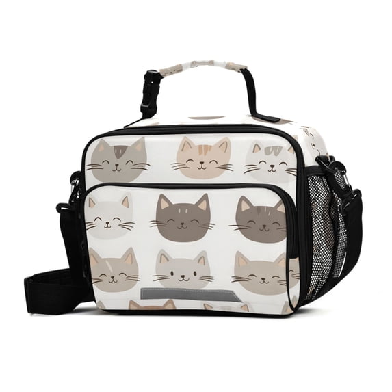 FORMRS Student Insulated Lunch Bag with Shoulder Strap Reusable Cooler Box for School, Light Gray Cat Pattern