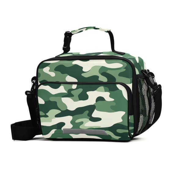 FORMRS Student Lunch Bag Insulated Reusable Cooler Box with Zipper Pockets, Light Green Camouflage Design