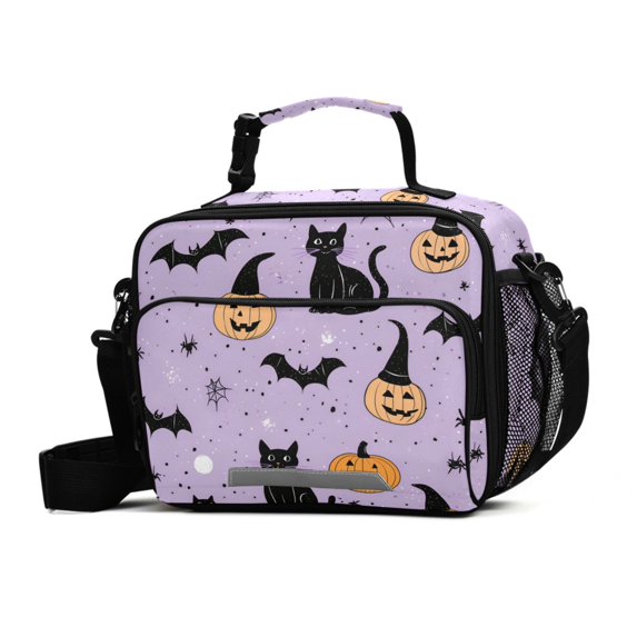 FORMRS Student Insulated Lunch Bag with Shoulder Strap Reusable Cooler Box for School, Light Purple Halloween Black Cat