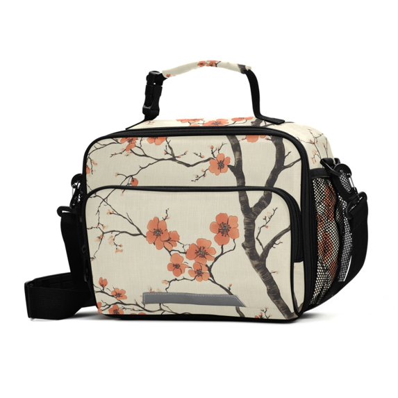 FORMRS Student Insulated Lunch Bag with Shoulder Strap Reusable Cooler Box for School, Light Red Flowers