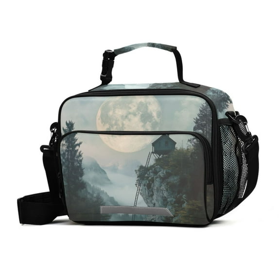 FORMRS Student Lunch Bag Insulated Reusable Cooler Box with Zipper Pockets, Moon and House