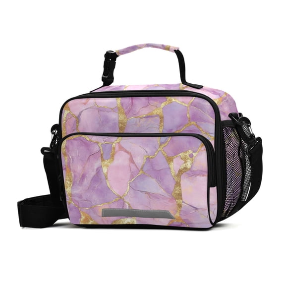FORMRS Student Insulated Lunch Bag with Shoulder Strap Reusable Cooler Box for School, Pastel Pink Marble Pattern