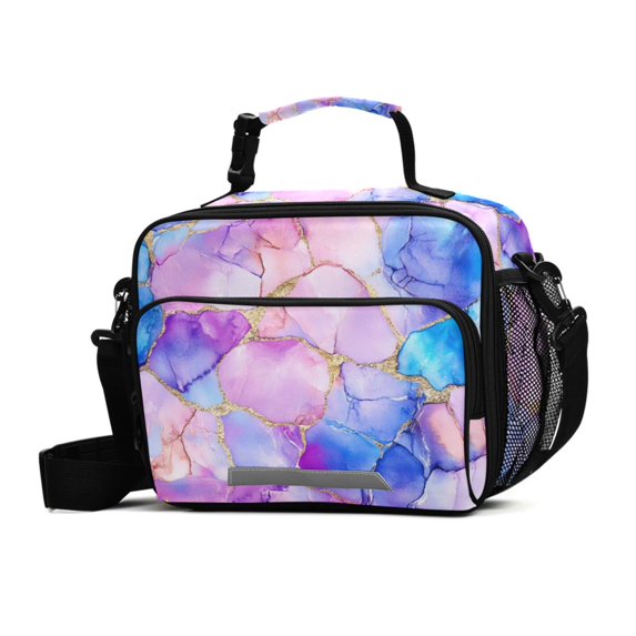 FORMRS Student Insulated Lunch Bag with Shoulder Strap Reusable Cooler Box for School, Pastel Pink Marble Pattern