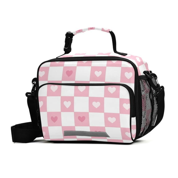 FORMRS Student Insulated Lunch Bag with Shoulder Strap Reusable Cooler Box for School, Pink Checkered Heart