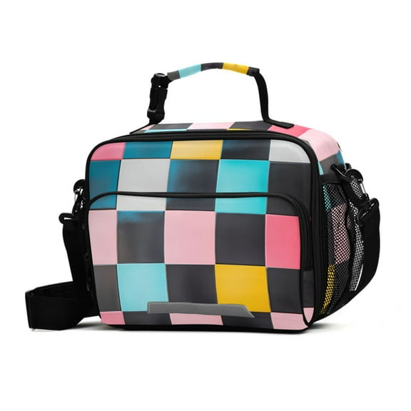 FORMRS Student Lunch Bag Insulated Reusable Cooler Box with Zipper Pockets, Pink Checkered Pattern