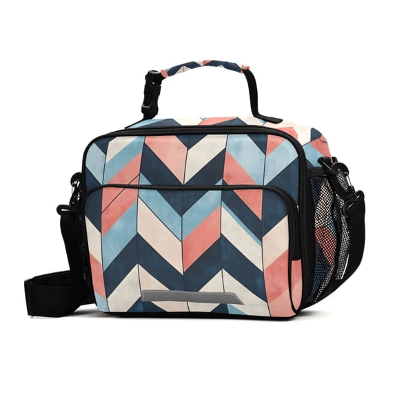FORMRS Student Insulated Lunch Bag with Shoulder Strap Reusable Cooler Box for School, Pink Geometric