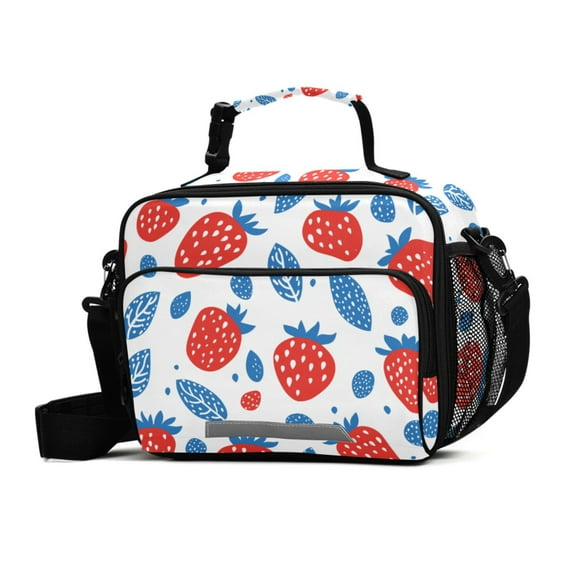 FORMRS Student Lunch Bag Insulated Reusable Cooler Box with Zipper Pockets, Playful Strawberries