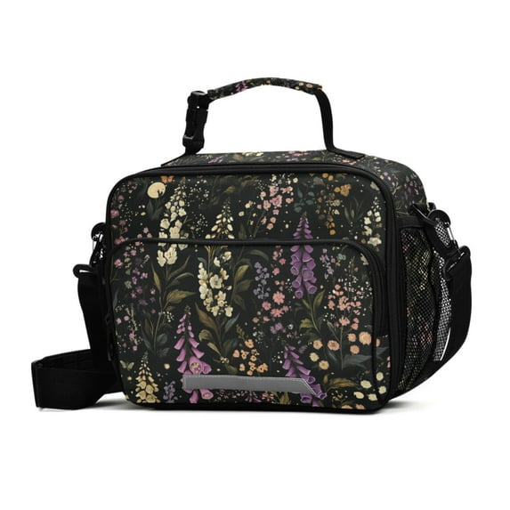 FORMRS Student Lunch Bag Insulated Reusable Cooler Box with Zipper Pockets, Purple Floral Pattern