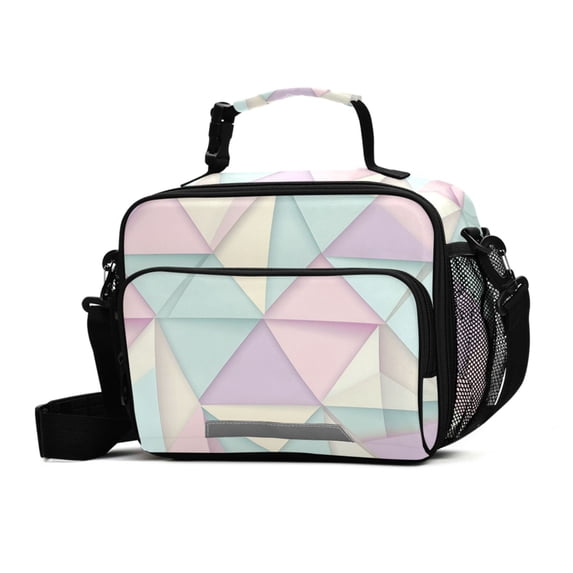 FORMRS Student Insulated Lunch Bag with Shoulder Strap Reusable Cooler Box for School, Purple Geometric