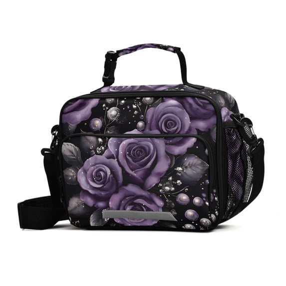 FORMRS Student Insulated Lunch Bag with Shoulder Strap Reusable Cooler Box for School, Purple Roses