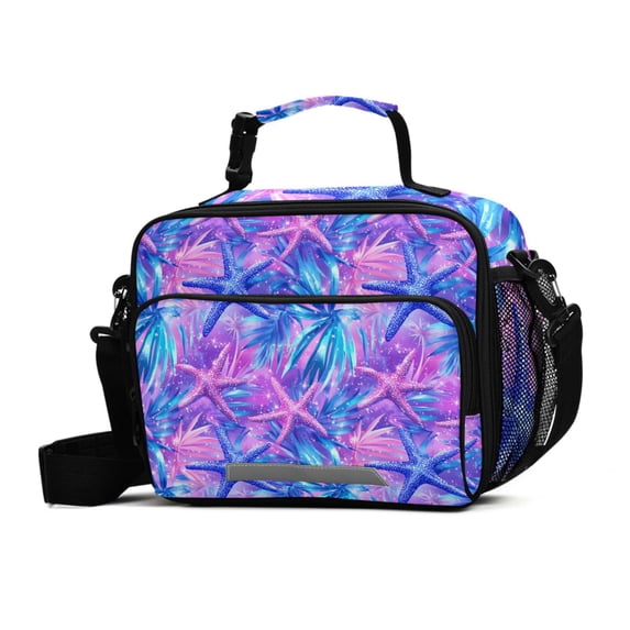 FORMRS Student Insulated Lunch Bag with Shoulder Strap Reusable Cooler Box for School, Purple Starfish Pattern