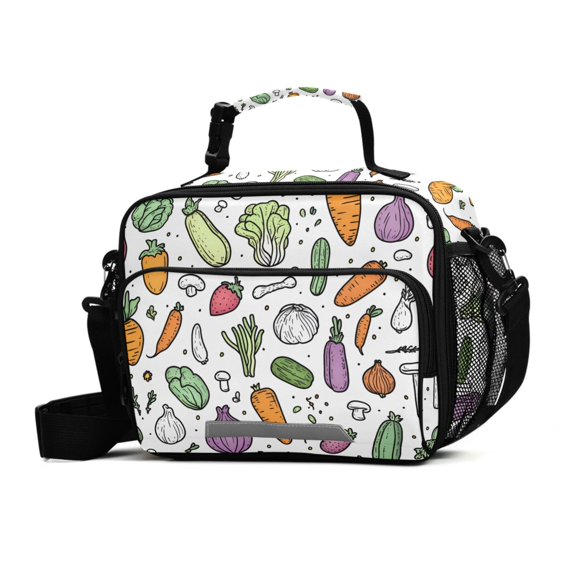 FORMRS Student Insulated Lunch Bag with Shoulder Strap Reusable Cooler Box for School, Purple Vegetables Pattern