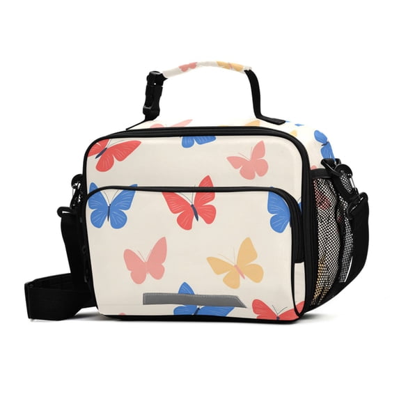 FORMRS Student Insulated Lunch Bag with Shoulder Strap Reusable Cooler Box for School, Red Butterflies