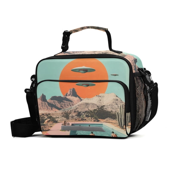 FORMRS Student Insulated Lunch Bag with Shoulder Strap Reusable Cooler Box for School, Retro UFO