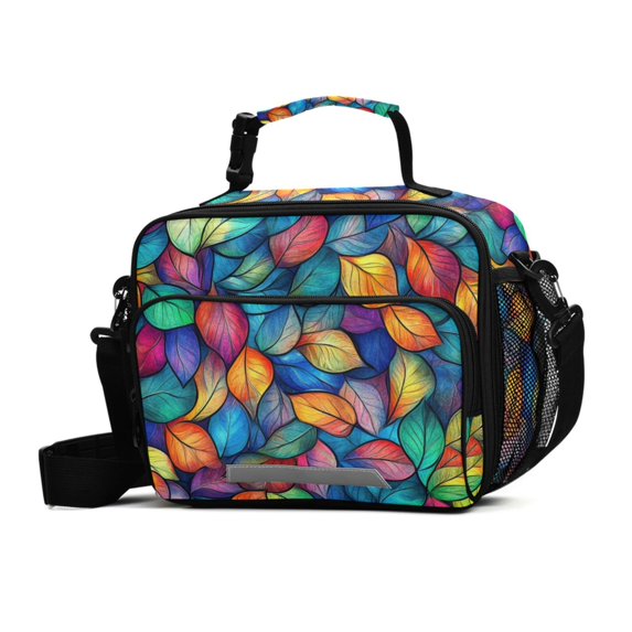 FORMRS Student Lunch Bag Insulated Reusable Cooler Box with Zipper Pockets, Vibrant Art Leaves Pattern
