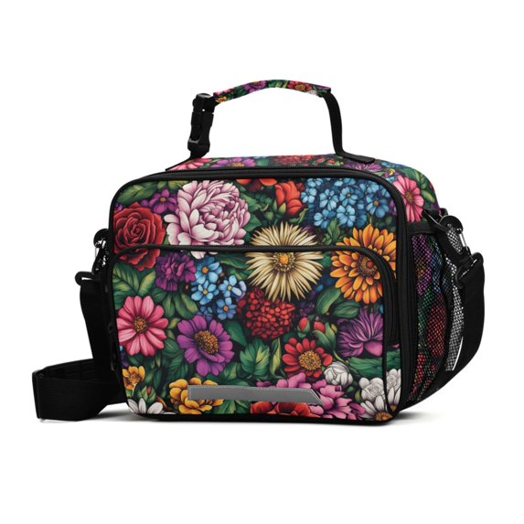 FORMRS Student Insulated Lunch Bag with Shoulder Strap Reusable Cooler Box for School, Vibrant Flowers Pattern