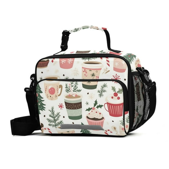 FORMRS Student Lunch Bag Insulated Reusable Cooler Box with Zipper Pockets, White Christmas Cups