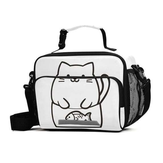 FORMRS Student Insulated Lunch Bag with Shoulder Strap Reusable Cooler Box for School, White Chubby Cat