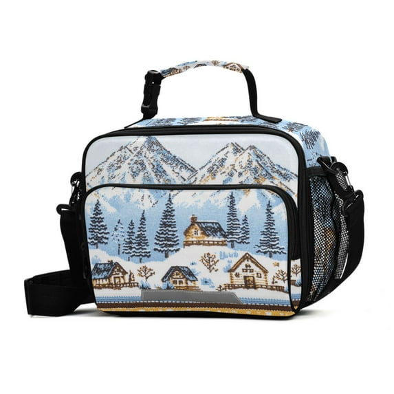 FORMRS Student Lunch Bag Insulated Reusable Cooler Box with Zipper Pockets, Winter Village