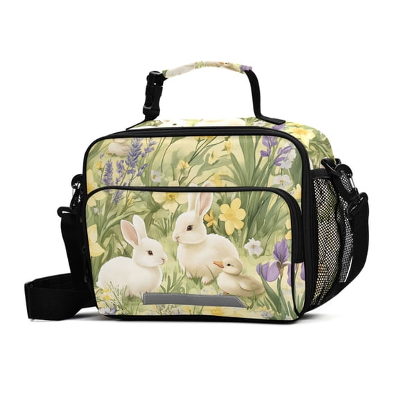 FORMRS Student Lunch Bag Insulated Reusable Cooler Box with Zipper Pockets, Yellow Floral Rabbit