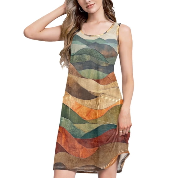 FORMRS Summer Dress for Women Loose U Neck Sleeveless Midi Beach Sundresses with Pockets, Abstract Wavy Landscape