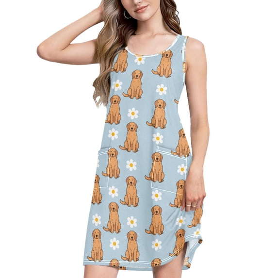 FORMRS Summer Dress for Women Loose U Neck Sleeveless Midi Beach Sundresses with Pockets, Cartoon Floral Dog Pattern