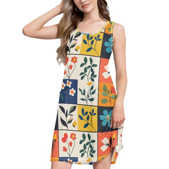 FORMRS Summer Dress for Women Loose U Neck Sleeveless Midi Beach Sundresses with Pockets, Floral Patterns