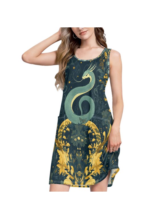 Summer Dress for Women Loose U Neck Sleeveless Midi Beach Sundresses with Pockets, Green Celestial Serpent