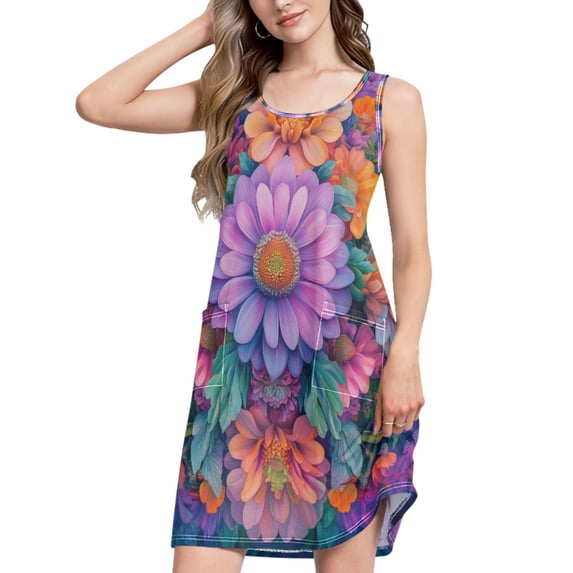 FORMRS Summer Dress for Women Loose U Neck Sleeveless Midi Beach Sundresses with Pockets, Light Purple Flowers