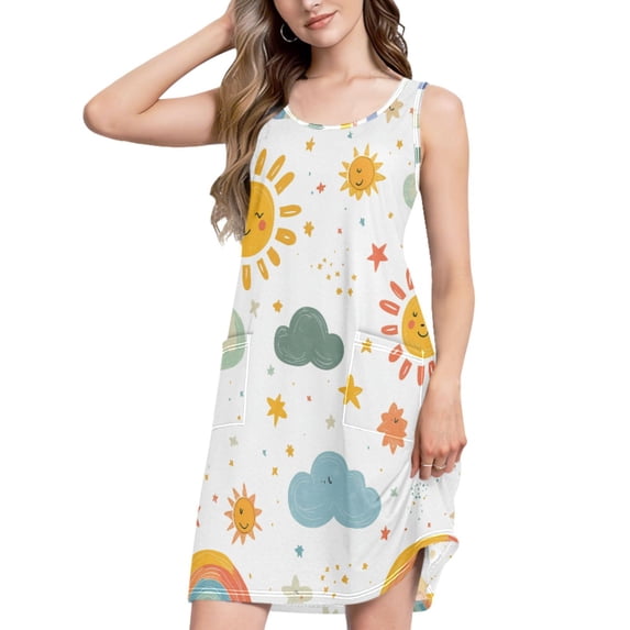 FORMRS Summer Dress for Women Loose U Neck Sleeveless Midi Beach Sundresses with Pockets, Rainbows Pattern