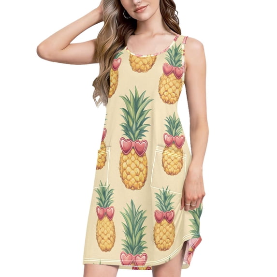 FORMRS Summer Dress for Women Loose U Neck Sleeveless Midi Beach Sundresses with Pockets, Sunshine Pineapples
