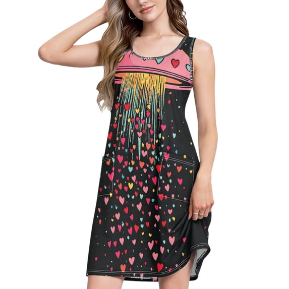 FORMRS Summer Dress for Women Loose U Neck Sleeveless Midi Beach Sundresses with Pockets, UFO with Hearts Pattern