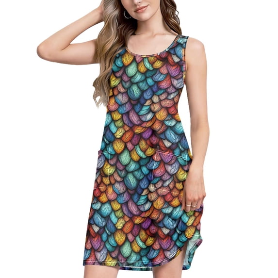 FORMRS Summer Dress for Women Loose U Neck Sleeveless Midi Beach Sundresses with Pockets, Vibrant Dragon Scales Pattern