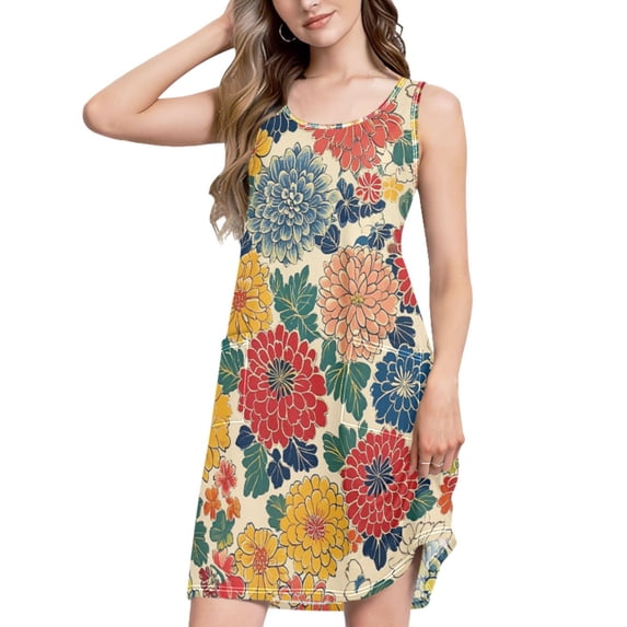 FORMRS Summer Dress for Women Loose U Neck Sleeveless Midi Beach Sundresses with Pockets, Vibrant Flowers Pattern