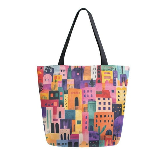 FORMRS Womens Canvas Tote Bag with Zipper Inner Pocket Shoulder Handbag, Art Buildings