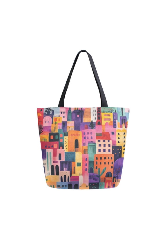 Womens Canvas Tote Bag with Zipper Inner Pocket Shoulder Handbag, Art Buildings