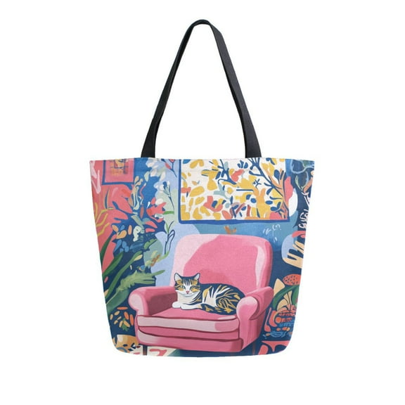 FORMRS Womens Canvas Tote Bag with Zipper Inner Pocket Shoulder Handbag, Art Cat