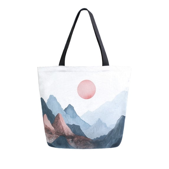 FORMRS Womens Canvas Tote Bag with Zipper Inner Pocket Shoulder Handbag, Art Mountain and Sun Pattern